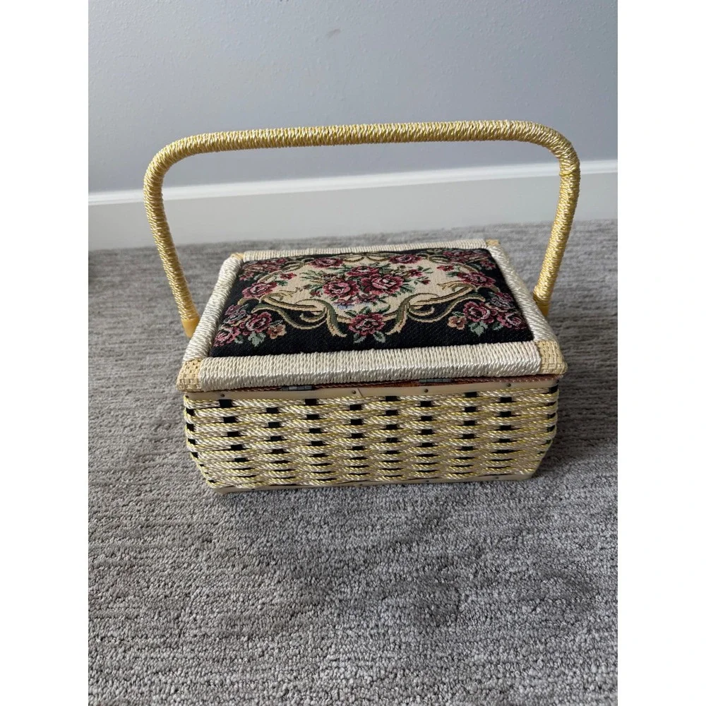 Vintage Wicker Sewing Basket Floral Tapestry Padded Lid Woven Craft Box Gold